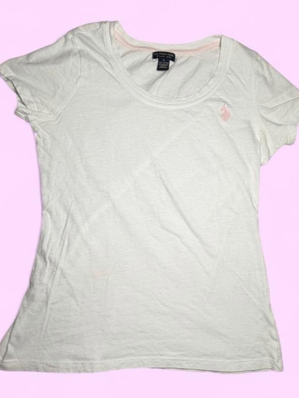 Polo Ralph Assn. White Scoop Neck Cotton Tee with Pink Embroidered Logo